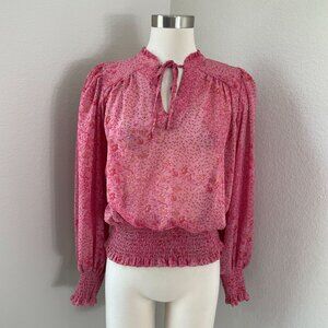 Joie Womens Small Pink Floral Long Sleeve Blouse Ruffle Tie Neck Shirt Top